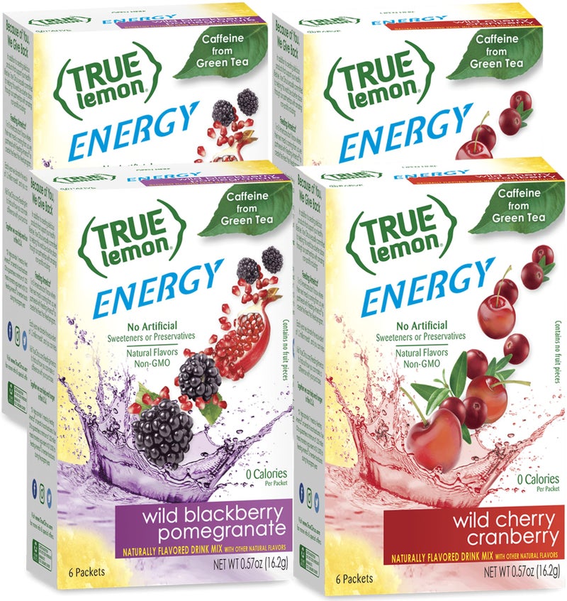 True Citrus True Lemon (Energy Drinks) Wild Cherry Cranberry & Wild Blackberry Pomegranate 2 boxes EACH flavor (4 boxes total), 24ct instant powdered drink mix packets total, by True Citrus, 2.7 Gram (Pack of 24) - Image 1